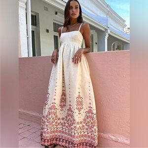 Commense Cream Maxi Dress with Pink Floral Border